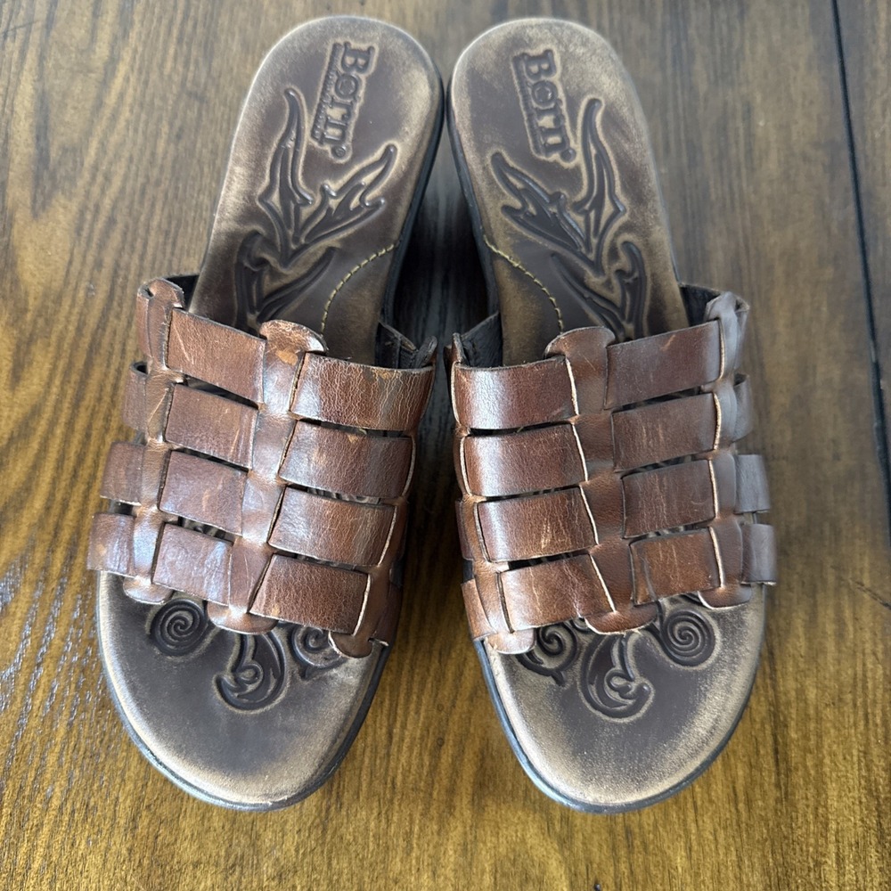 Born LOLO Slide Sandals Brown Distressed Leather Slip-on B89426 US Size 7 EUC - Picture 1 of 8